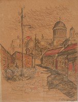 Zoltán Legány (1911-1993): street in Esztergom, with the basilica in the background, 1967 - unique, framed