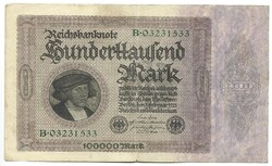 100000 márka 1923 birodalmi nyomtatás 8 jegyű sorszám Németország 1.