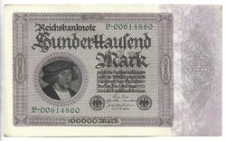 100000 márka 1923 birodalmi nyomtatás 8 jegyű sorszám aUNC hajtatlan Németország 1.