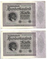 2 x 100000 márka 1923 birodalmi nyomtatás 8 jegyű sorszám aUNC hajtatlan Németország