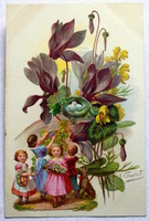 Antik valódi dekupázs  képeslap  Guillot ciklámen képén gyerekek virággal kutyával  madárfészek