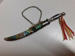 Retro sword-shaped small fire enamel decorated leaf opener with a silk tassel on the end of the knife