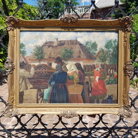 Imre Halápy-németh: melon market, life picture. Oil on canvas 60.3 x 80.2 cm painting.