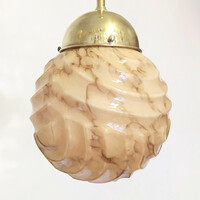 Art deco copper ceiling lamp renovated - marbled pink shade with a special shape