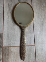 Álomszép régi réz kézi tükör, acél betéttel (32,5x12,5 cm)