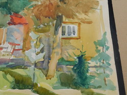 Udvary Pál (1900-1987) Kertrészlet sárga házzal,akvarell,grafika
