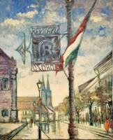 110X90cm b. László Hajdú (1926-1988) ) 900-year-old painting of Vác main square with original guarantee!