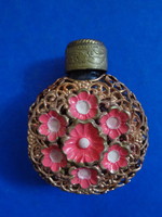 Old perfume bottle, enamel painted copper mesh