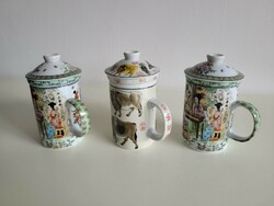 Kínai porcelán teás csésze keleti mintás fedeles szűrős bögre
