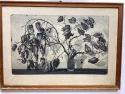 Mária Hertay (1932 - 2018) - etching titled Harvest, in a glazed garden.
