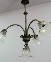 Antik réz csillár lámpa eredeti metszett üveg búra