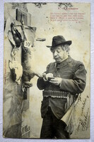 Antique photo postcard hunter, prey bunny, prisoner