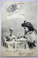 Antik  fotó képeslap író kisleány asztalon apró földgömb