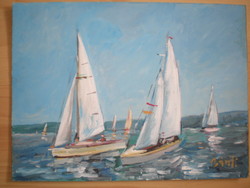 József Bánfi, cardboard 29.5 cm x 40 cm, wonderful beautiful painting theme: balaton, sailing ships