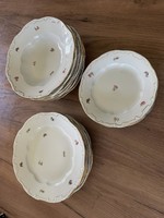 18 db-os régi Zsolnay porcelán aranyszélű, virágmintás tányér készlet