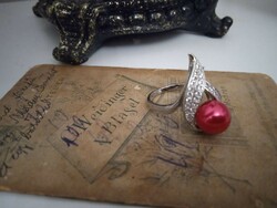 Silver-plated ring with red pearl and cubic zirconia