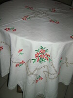 Beautiful antique hand-embroidered floral white linen tablecloth