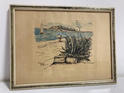 Hvar Galešnik horvát sziget tenger tájkép grafika szignós #1