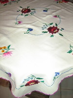 Beautiful hand-embroidered Kalocsa needlework tablecloth with a slinged edge