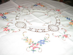 Beautiful hand-crocheted cross-stitch embroidered tablecloth
