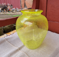 Extra ritka sárga  gömb váza repesztett Gyönyörű  Fátyolüveg fátyol karcagi berekfürdői üveg