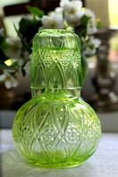 Antique uranium glass, uranium green Belgian val saint lambert water bottle with glass, sturzglas, for bedside table