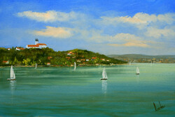 Lantos György: Vitorlások Tihanynál 20x30 cm (Balaton)