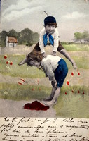 Antik színezett fotó  üdvözlő képeslap bakugró gyerekek játék
