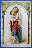 Antik dombornyomott litho Névnapi üdvözlő szentkép  képeslap Szent József a Kisdeddel