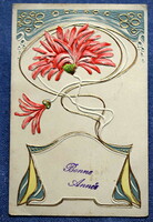 Antik dombornyomott szecessziós litho üdvözlő képeslap stilizált virág