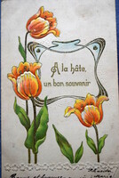 Antik dombornyomott szecessziós litho üdvözlő képeslap stilizált tulipán