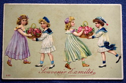 Antik dombornyomott szecessziós litho üdvözlő képeslap gyerekek rózsa kosár