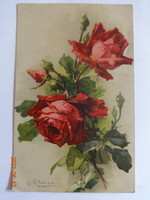 Régi grafikus virágos üdvözlő képeslap, rózsák
