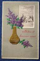 Antik dombornyomott litho üdvözlő képeslap  arany váza orgona tájkép