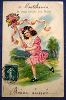 Antique embossed art nouveau litho greeting card little girl rose