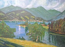 Alpine village on the shore of the lake (oil painting, 1957) spring mountain landscape, Austria or Switzerland?