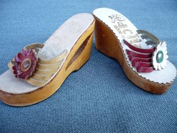 Retro Hungarian racita leather-wood platform tiny advertising slippers