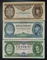 Paper 10, 20 and 50 forints, sold together. 1969-86-Ig.