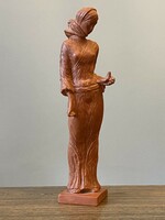 Sándor Kligl (1945-) Munkácsy Prize-winning sculptor elegant woman marked with a bird retro ceramic statue 38 cm