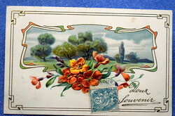 Antik dombornyomott szecessziós litho üdvözlő képeslap tájkép violával