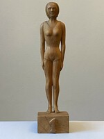István Katkó writer (1923-2000) carved wooden sculpture marked swimming girl standing on the starting stone