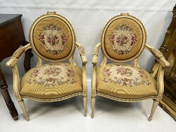 Antique-style tapestry-upholstered armchairs solo or in pairs