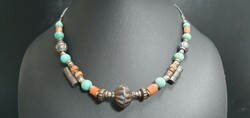 Antique tribal jewelry, coral, turquoise, silver necklace.