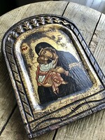 Hand-painted Byzantine icon copy on a wooden board, with a certificate on the back