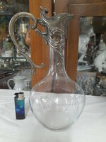 Art Nouveau pewter-alpaca fitting glass jug carafe. 28 cm.