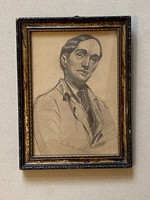 Male portrait antique graphic pencil drawing in original frame