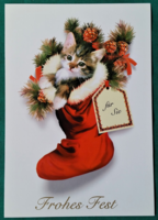 Karácsonyi kinyitható képeslap  -  Aranyos cica karácsonyi zokniban