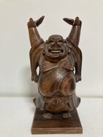 Old grinning Buddha wooden carved table statue