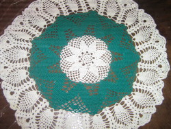 Beautiful white green hand crocheted round lace tablecloth