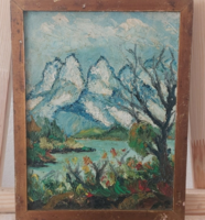 (K) landscape painting with mountains 20x26 cm frame